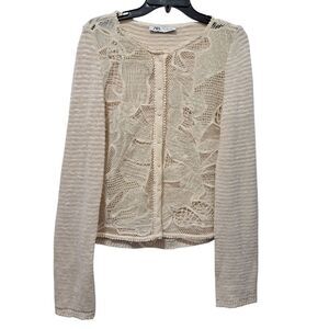 Zara Boho Floral Knit Crochet Coastal Minimalist  Cardigan Cream Large